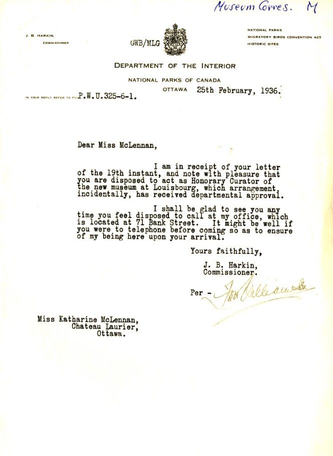 Letter from J.B. Harkin to Katharine McLennan